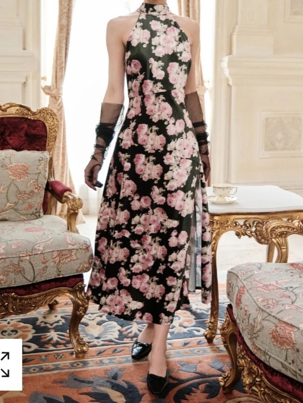 Maison Amory The French Slip Dress Green Floral Halter Satin Lustrous NWOT SZ M